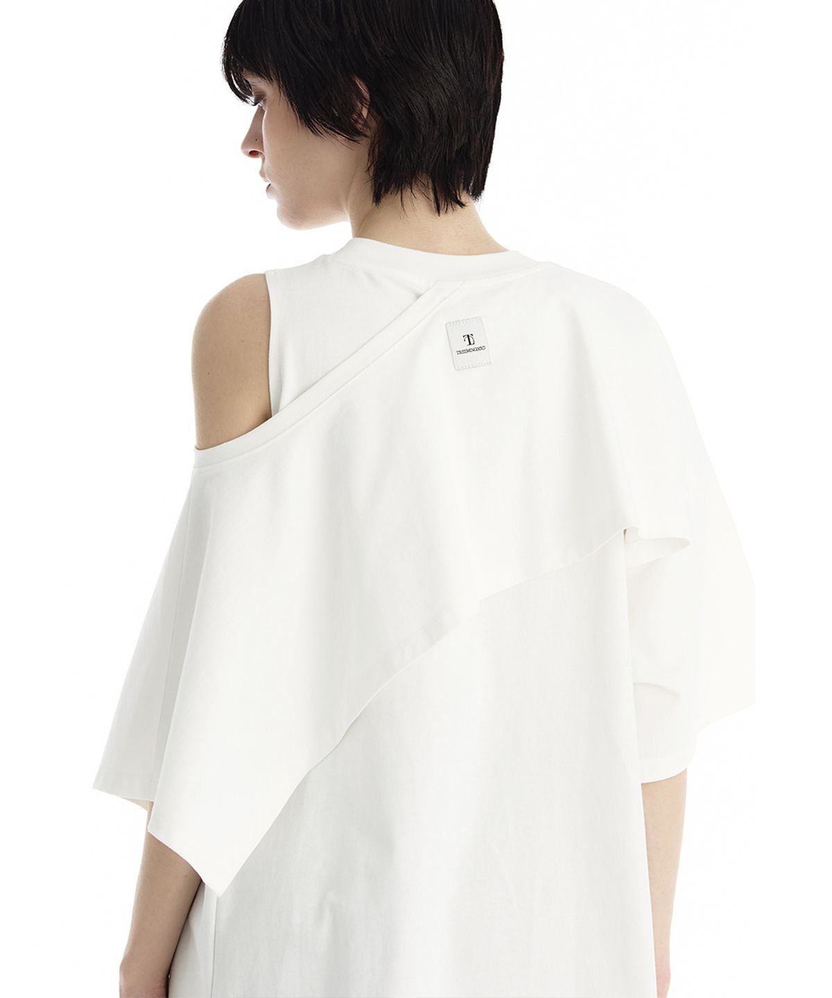 트리밍버드(TREEMINGBIRD) One-Sleeve Overlay Oversized T-Shirt [ White ]