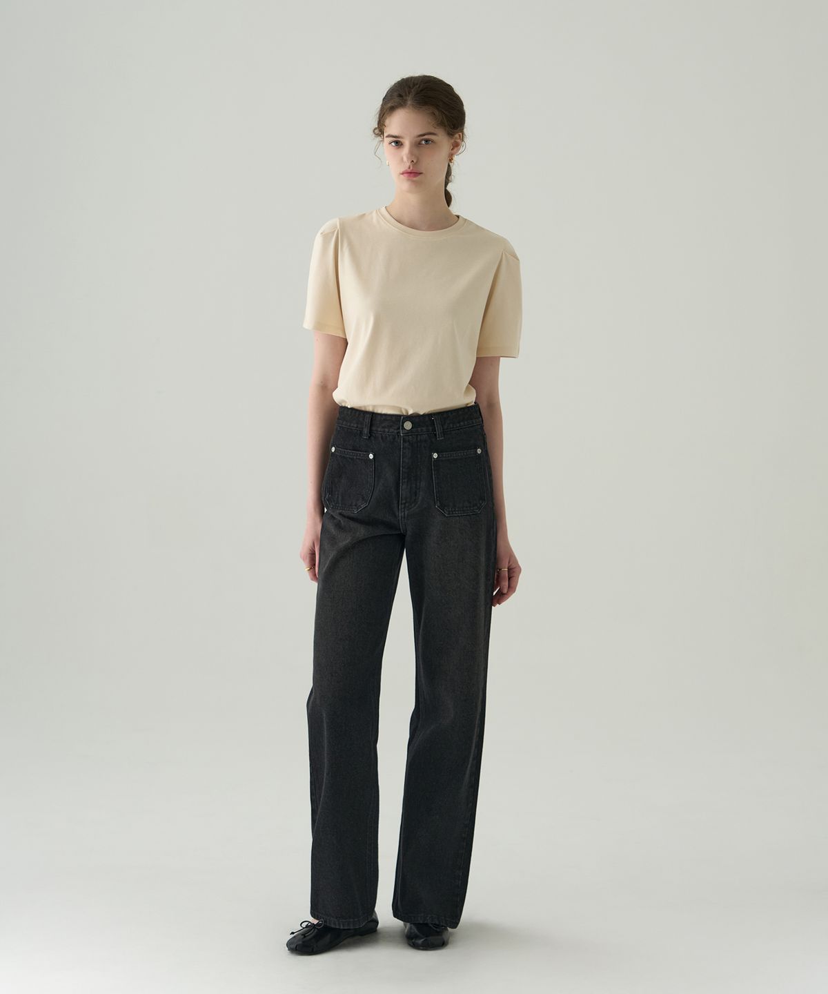 드로우핏 우먼(DRAWFIT WOMEN) 퍼프 슬리브 수피마 코튼 반팔 티셔츠 [CREAM]