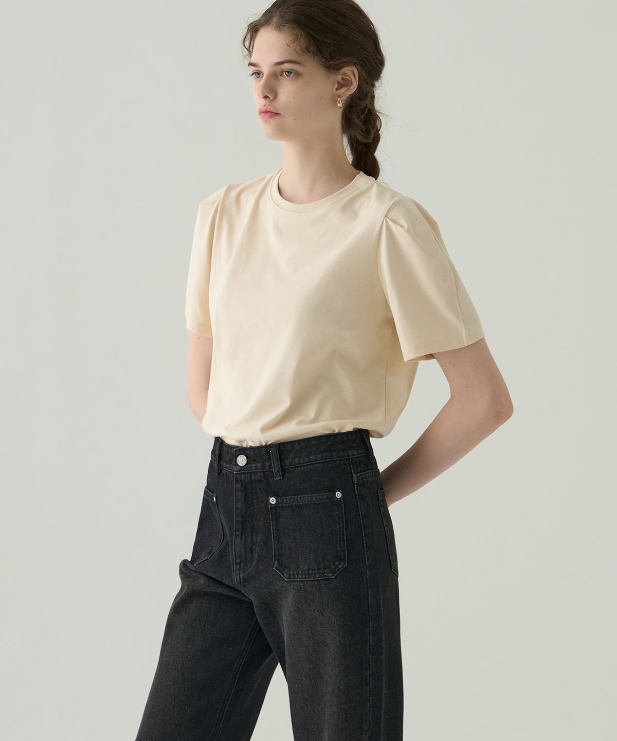 드로우핏 우먼(DRAWFIT WOMEN) 퍼프 슬리브 수피마 코튼 반팔 티셔츠 [CREAM]
