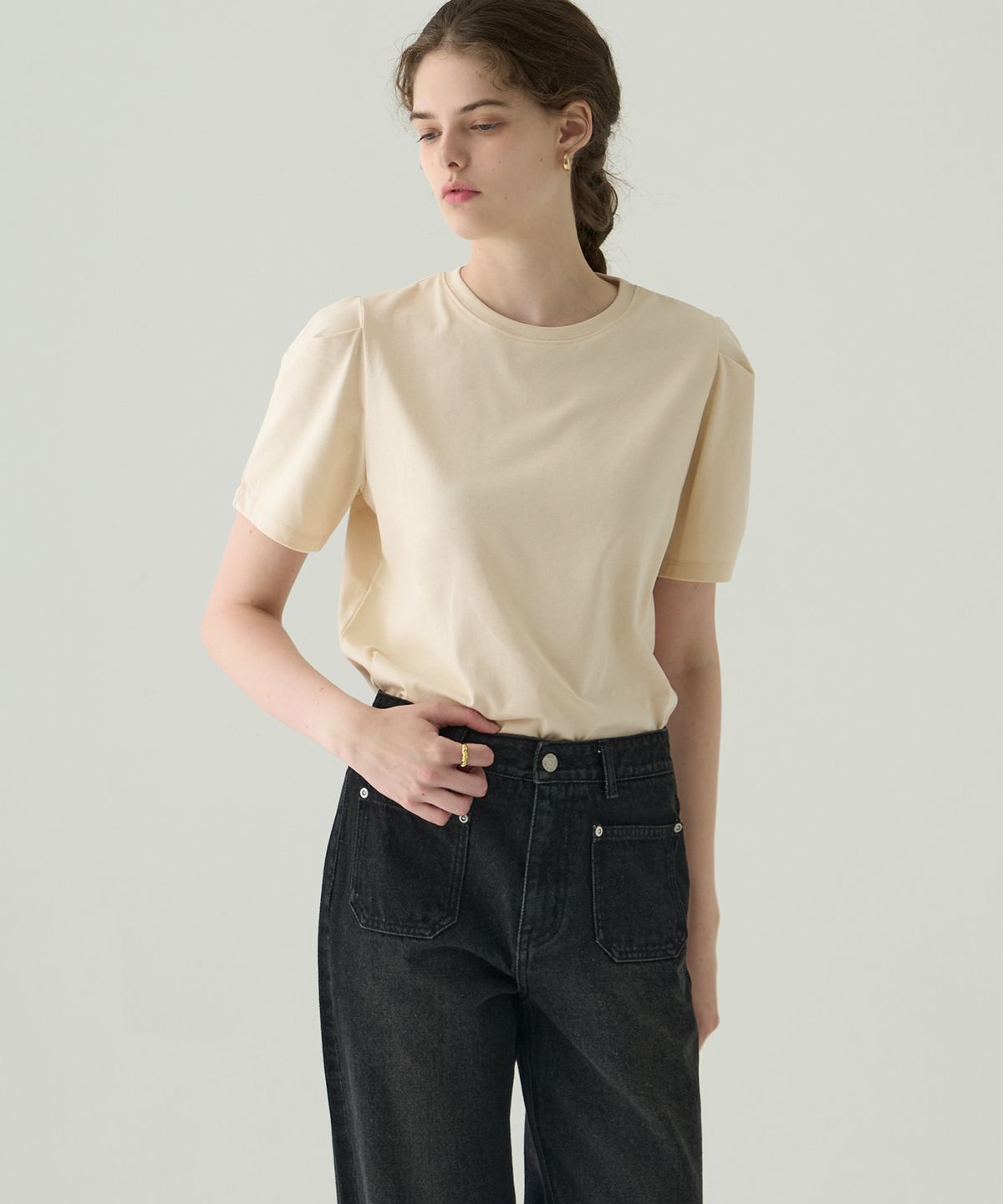 드로우핏 우먼(DRAWFIT WOMEN) 퍼프 슬리브 수피마 코튼 반팔 티셔츠 [NAVY]