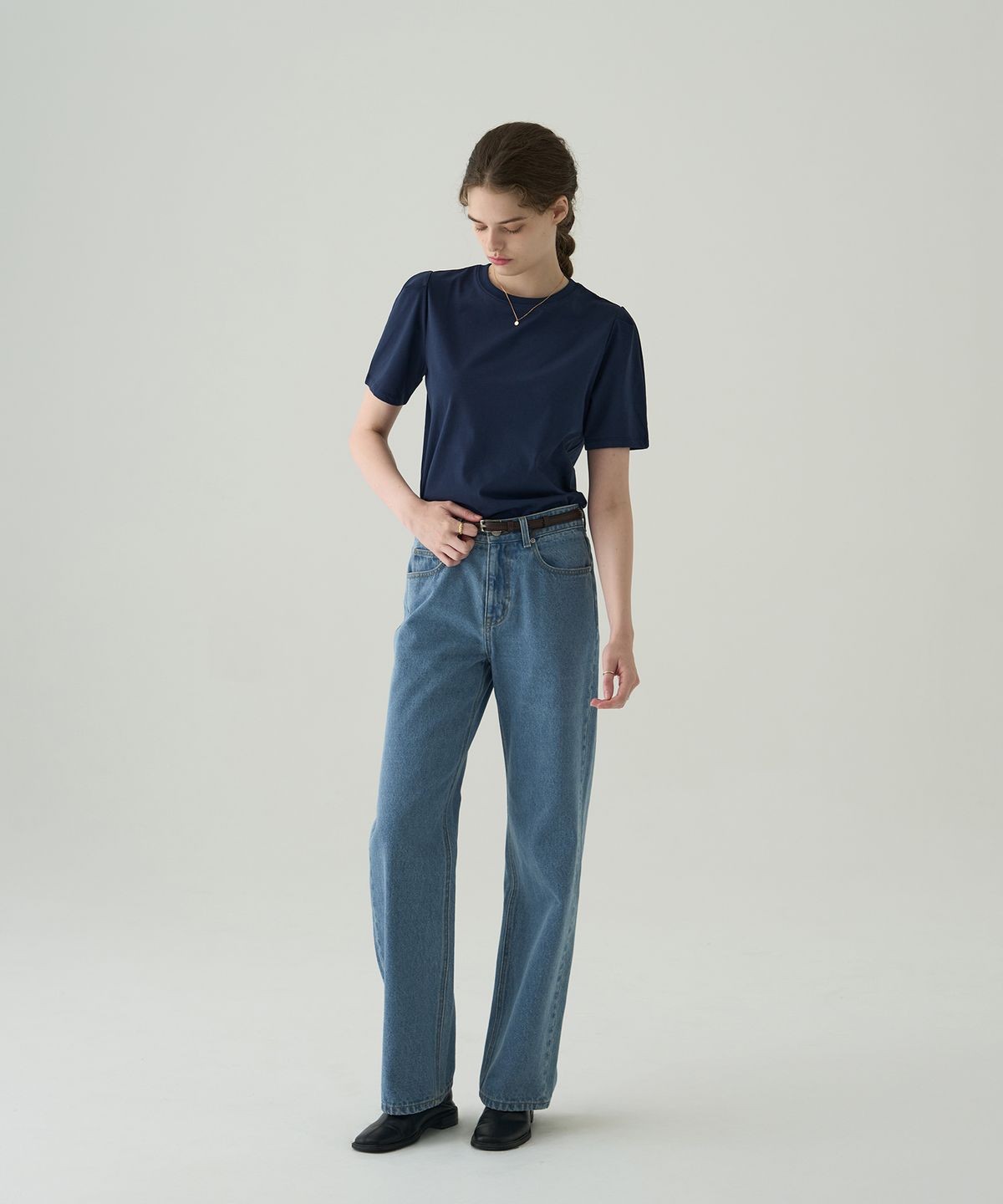 드로우핏 우먼(DRAWFIT WOMEN) 퍼프 슬리브 수피마 코튼 반팔 티셔츠 [NAVY]