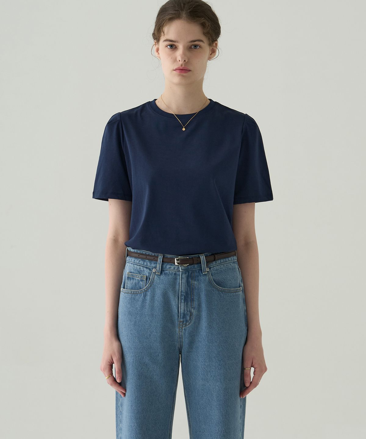 드로우핏 우먼(DRAWFIT WOMEN) 퍼프 슬리브 수피마 코튼 반팔 티셔츠 [NAVY]