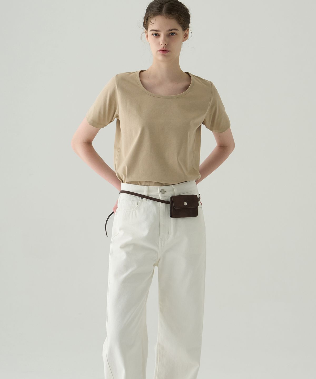 드로우핏 우먼(DRAWFIT WOMEN) 수피마 실켓 유 넥 반팔 티셔츠 [BEIGE]