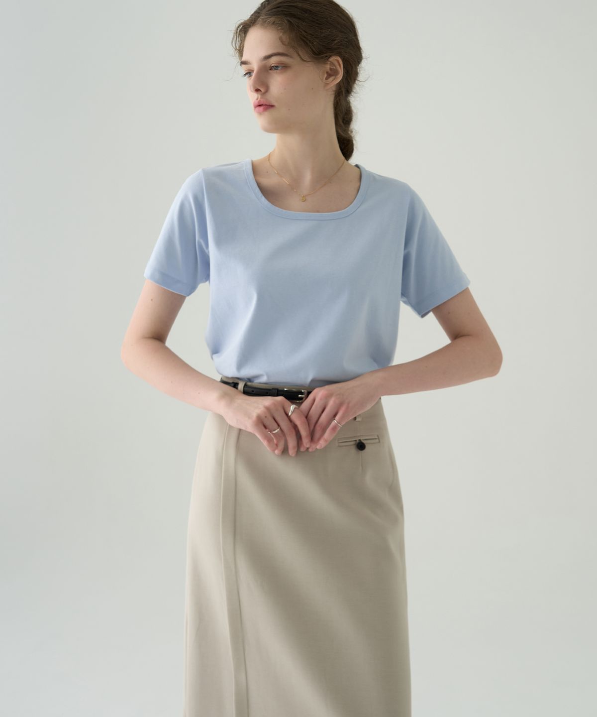 드로우핏 우먼(DRAWFIT WOMEN) 수피마 실켓 유 넥 반팔 티셔츠 [BEIGE]