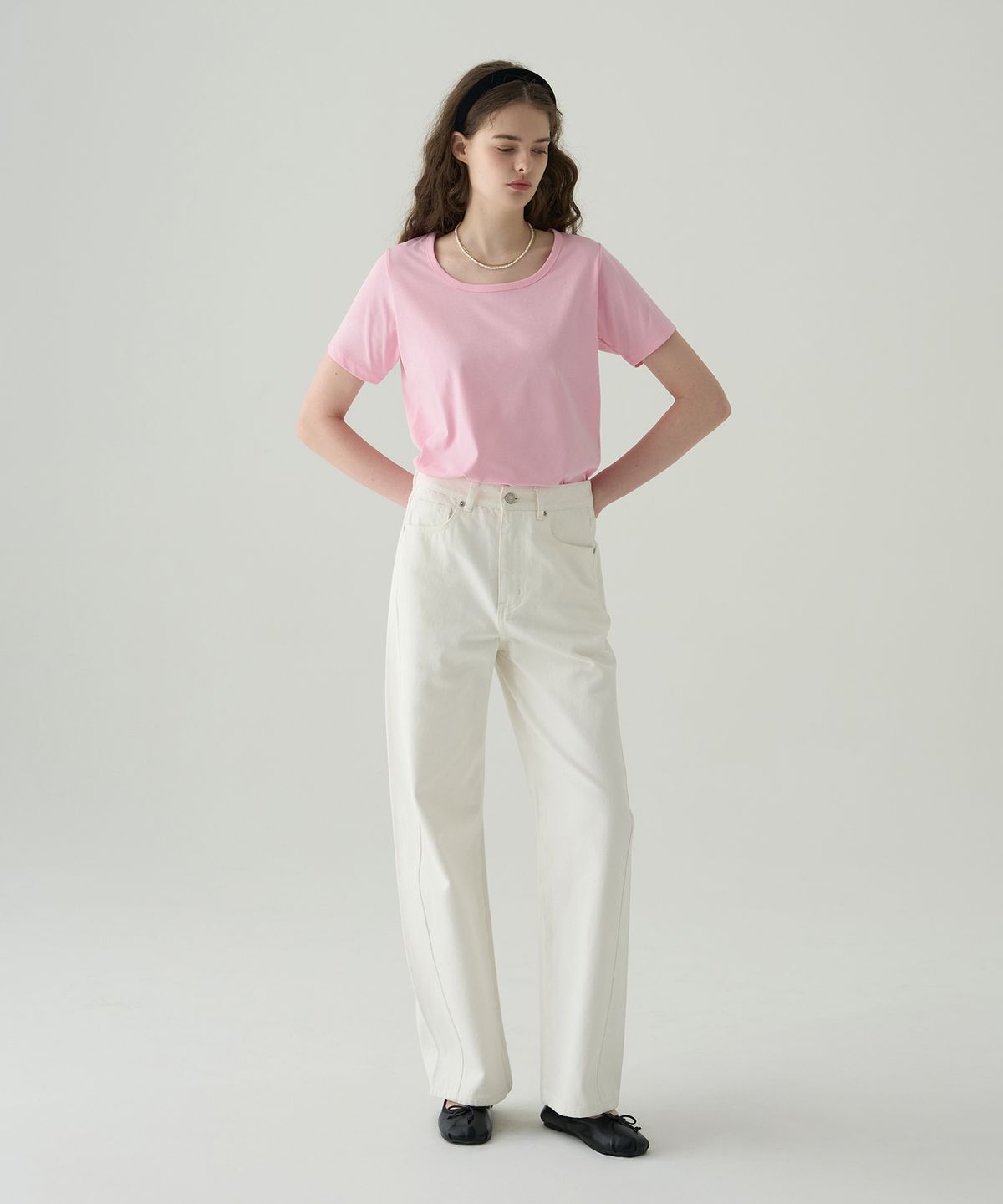 드로우핏 우먼(DRAWFIT WOMEN) 수피마 실켓 유 넥 반팔 티셔츠 [PINK]