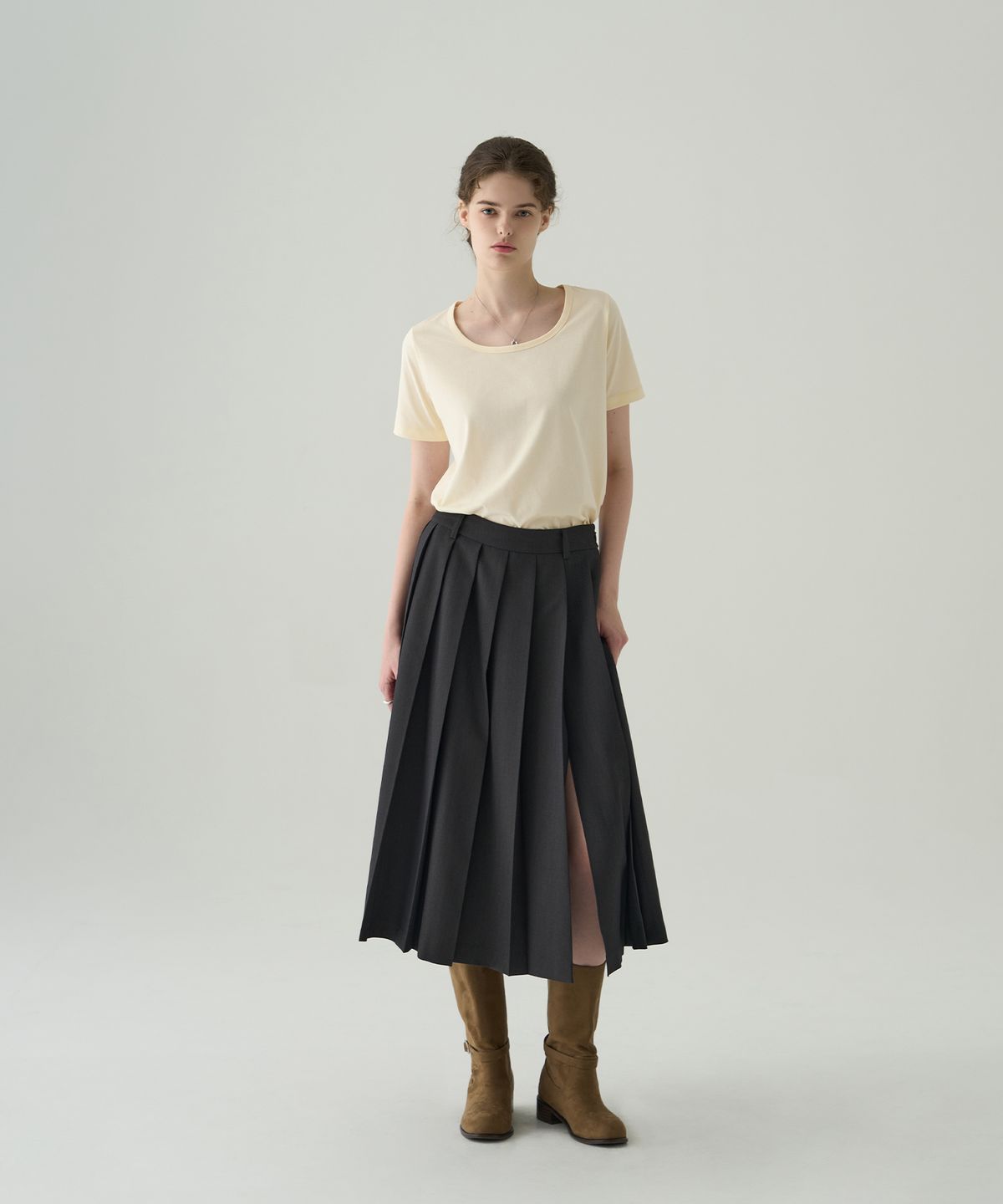 드로우핏 우먼(DRAWFIT WOMEN) 수피마 실켓 유 넥 반팔 티셔츠 [YELLOW BEIGE]