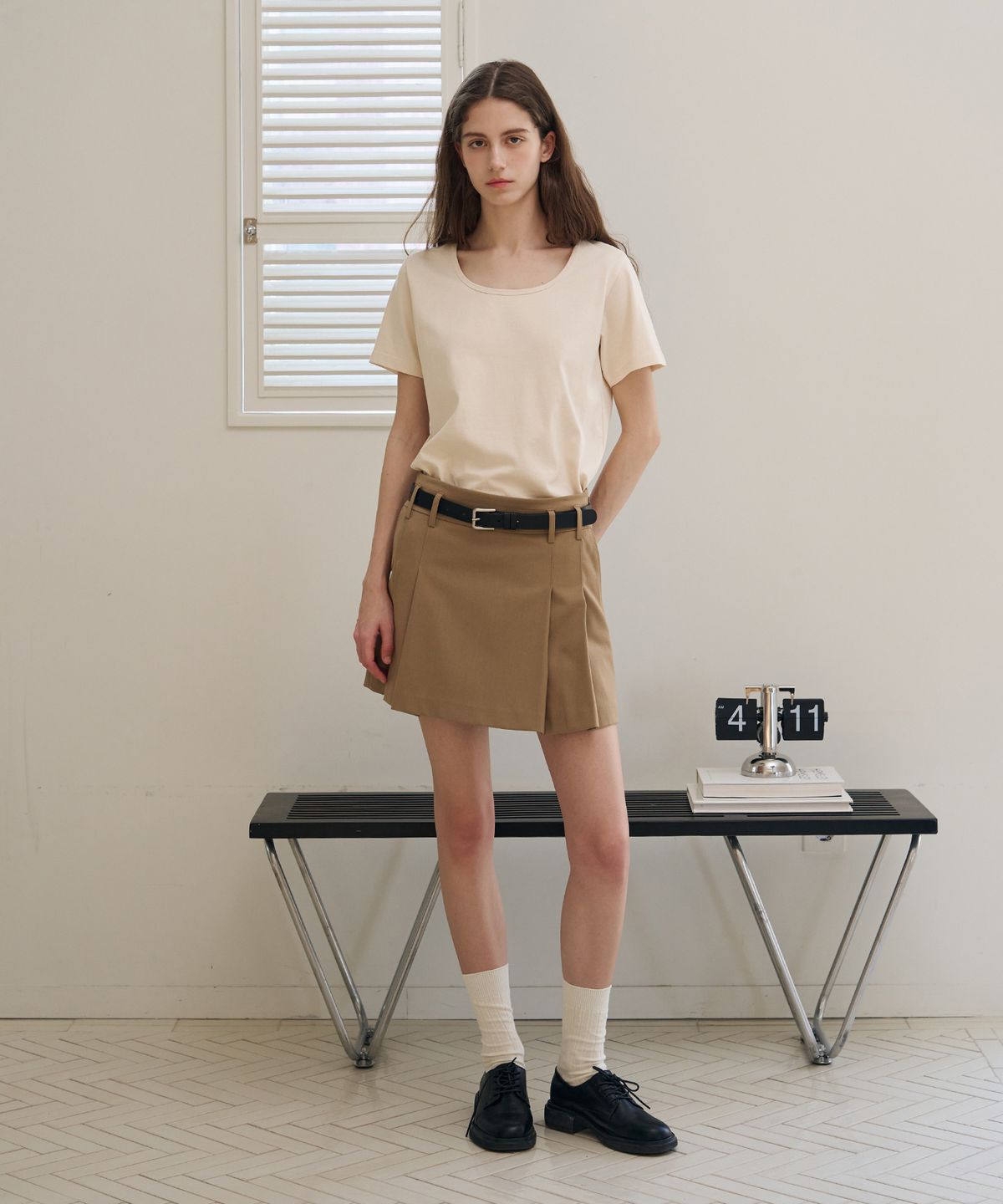 드로우핏 우먼(DRAWFIT WOMEN) 수피마 실켓 유 넥 반팔 티셔츠 [YELLOW BEIGE]