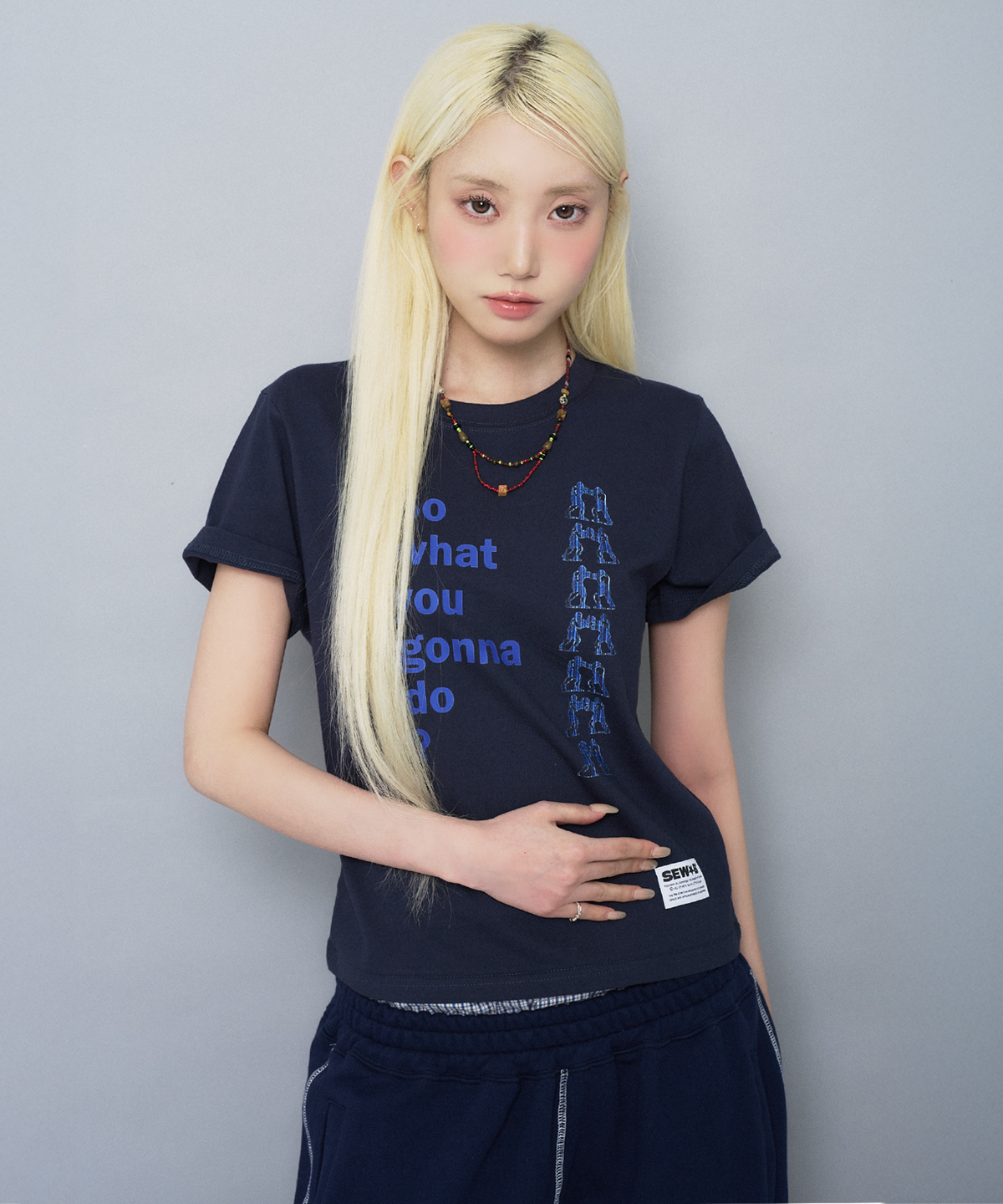 쏘비(SEW-B) what so 세미크롭 반팔티 [네이비]