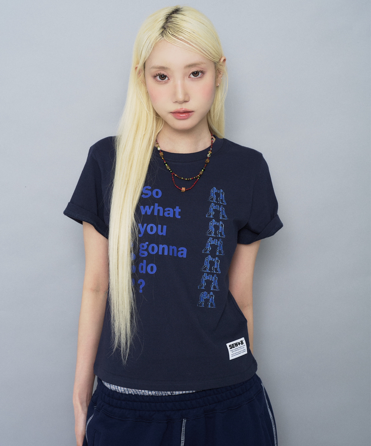 쏘비(SEW-B) what so 세미크롭 반팔티 [네이비]