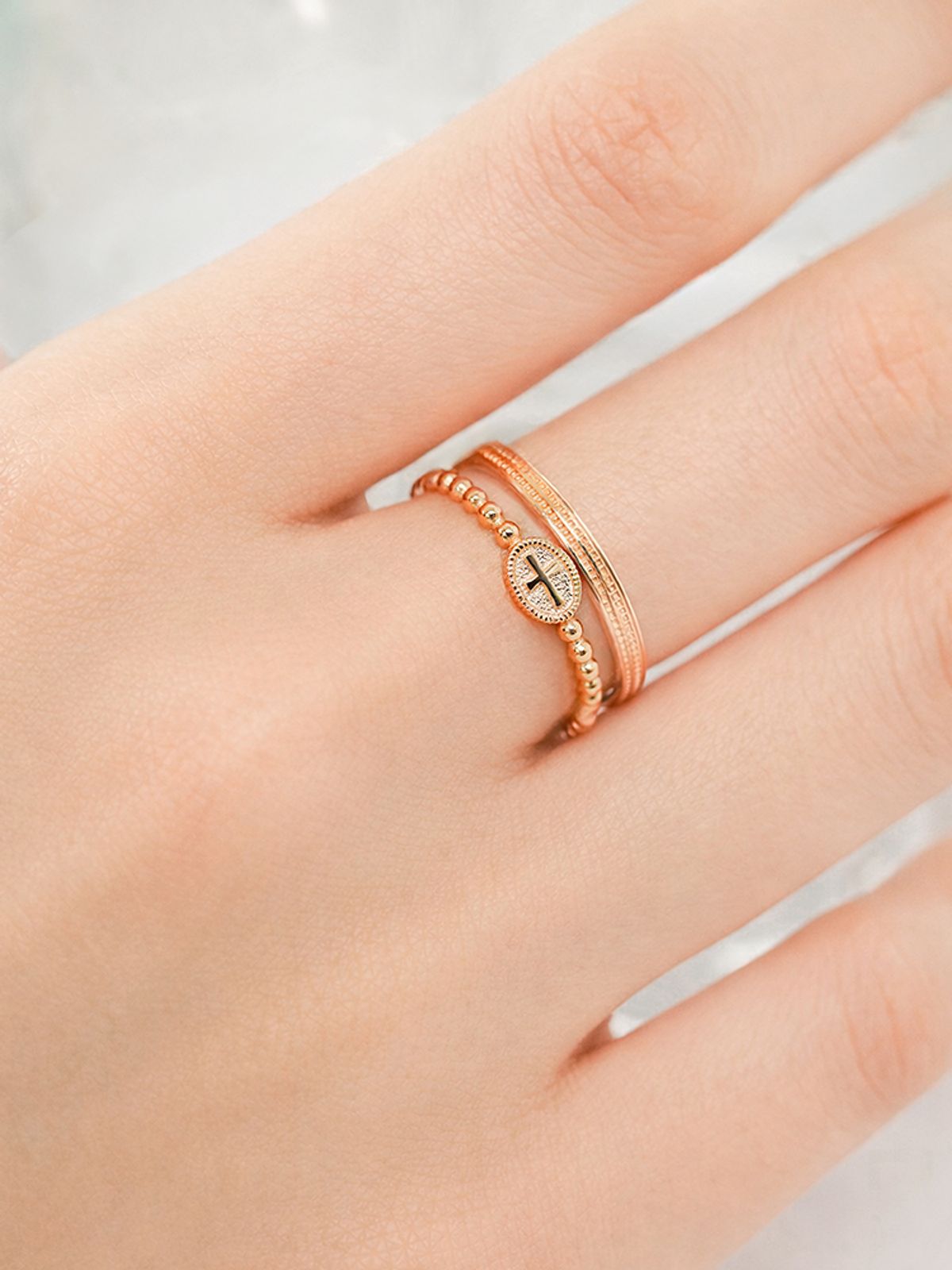미니멀피어싱(MINIMALPIERCING) 14K 18K 크로스 레이어드 묵주 반지