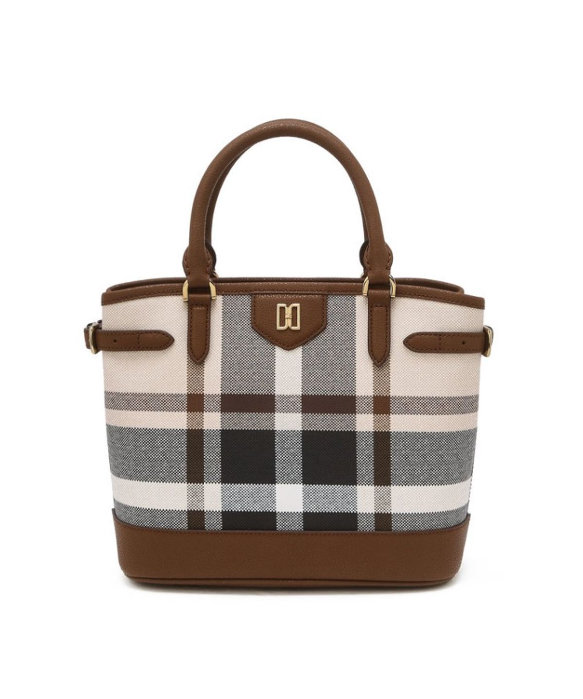 닥스 여성 액세서리(DAKS WOMENS ACCESSORIES) 타탄 체크 라이트 브라운 가죽 토트백_DCBA6E716W2