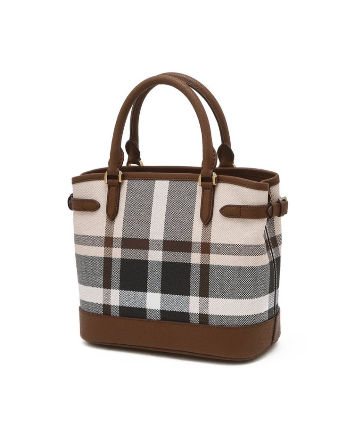 닥스 여성 액세서리(DAKS WOMENS ACCESSORIES) 타탄 체크 라이트 브라운 가죽 토트백_DCBA6E716W2