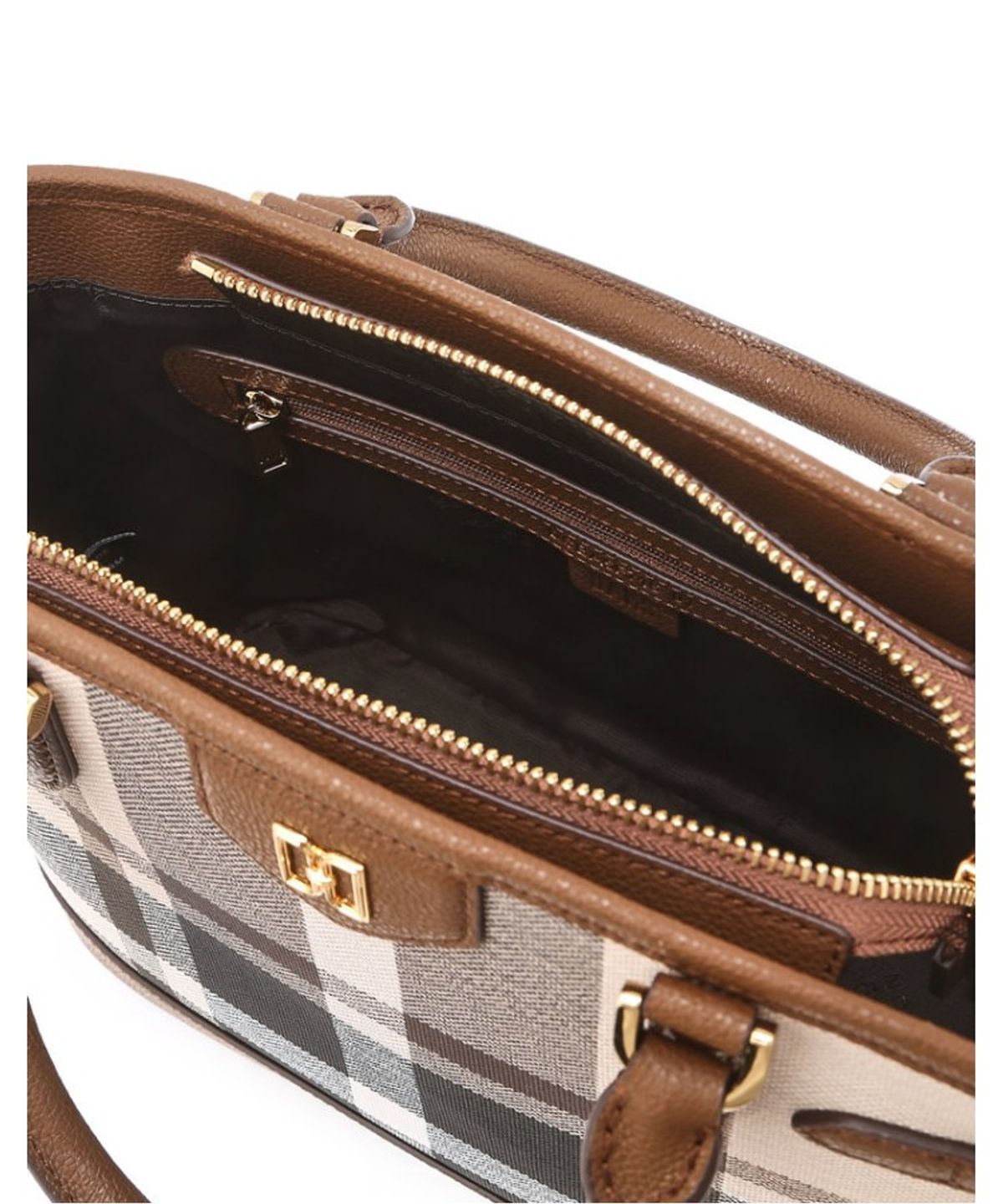 닥스 여성 액세서리(DAKS WOMENS ACCESSORIES) 타탄 체크 라이트 브라운 가죽 토트백_DCBA6E716W2