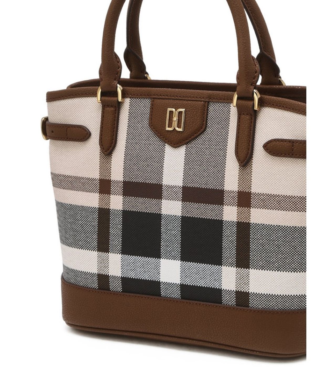 닥스 여성 액세서리(DAKS WOMENS ACCESSORIES) 타탄 체크 라이트 브라운 가죽 토트백_DCBA6E716W2