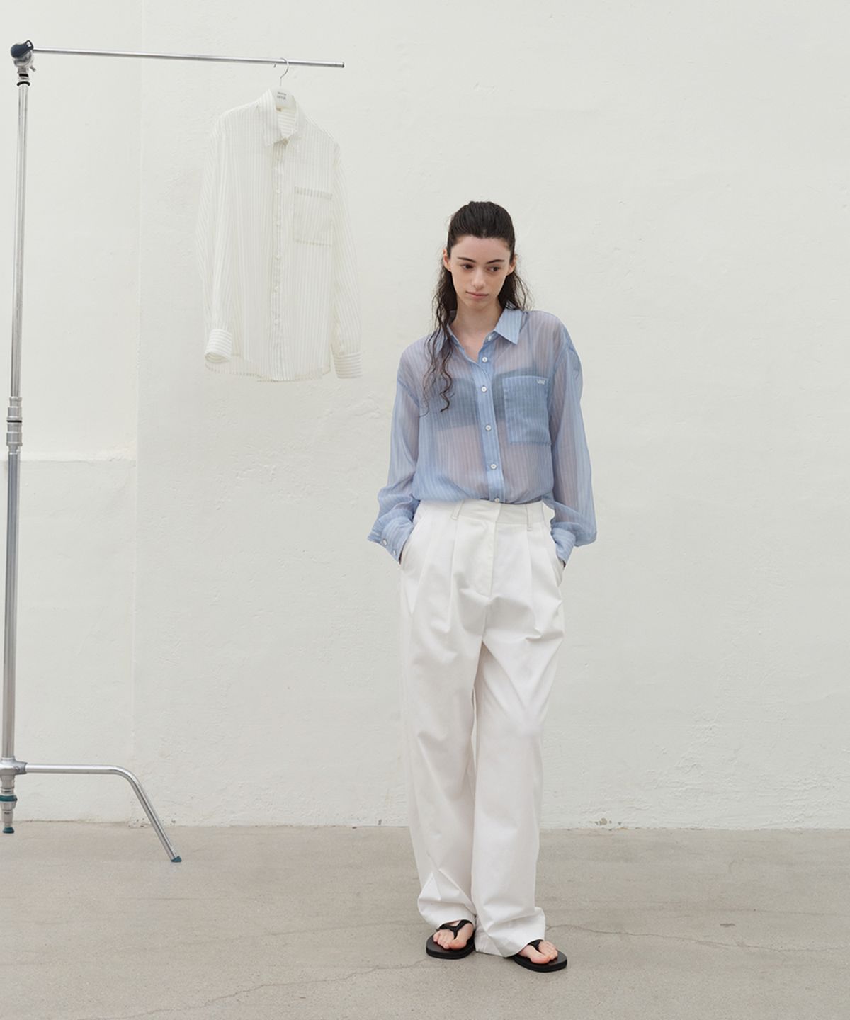 르바(LEVAR) Sheer Stripe Over-Shirt - Sky Blue Stripe