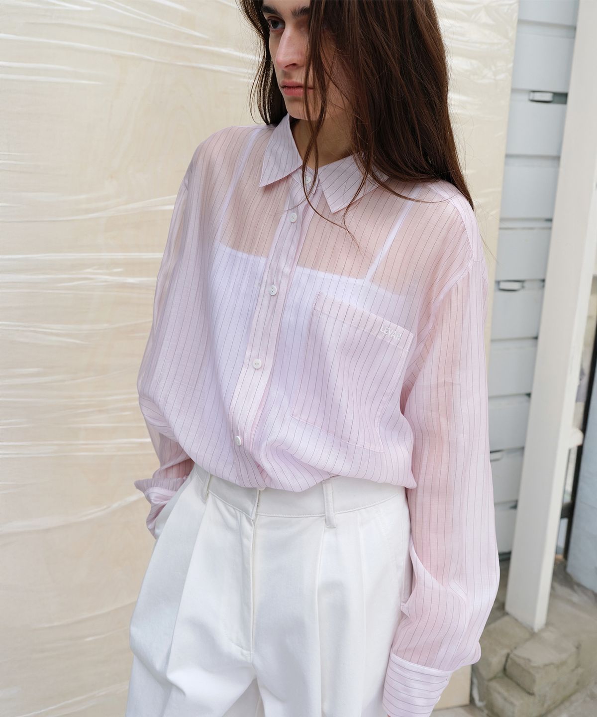 르바(LEVAR) Sheer Stripe Over-Shirt - Pink Stripe
