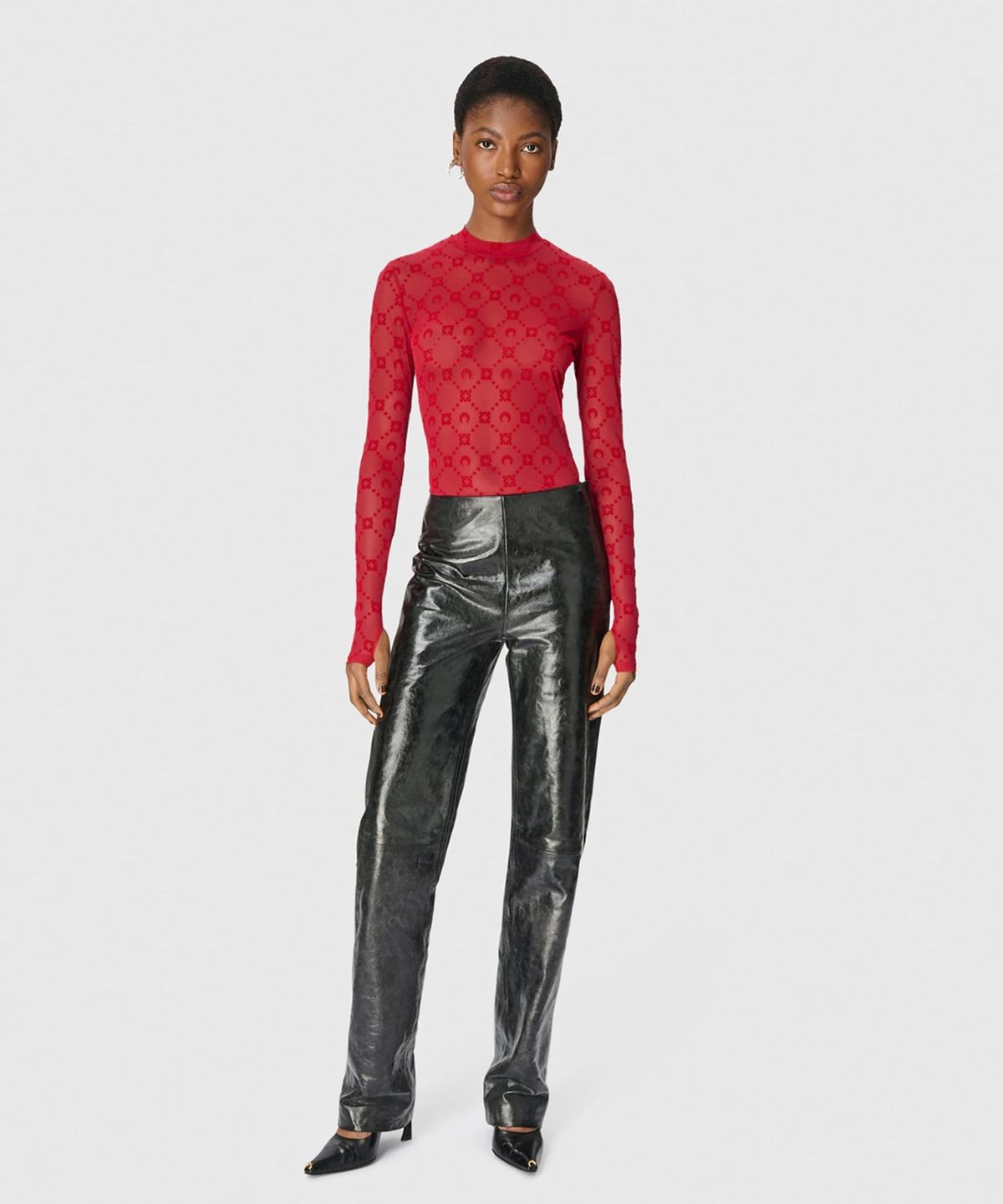 마린 세르(MARINE SERRE) (W) 무노그램 메쉬 플록 롱슬리브 하이넥 탑 리본 레드 MOONOGRAM MESH FLOCK LS HIGHNECK TOP RD11 RIBBON RED