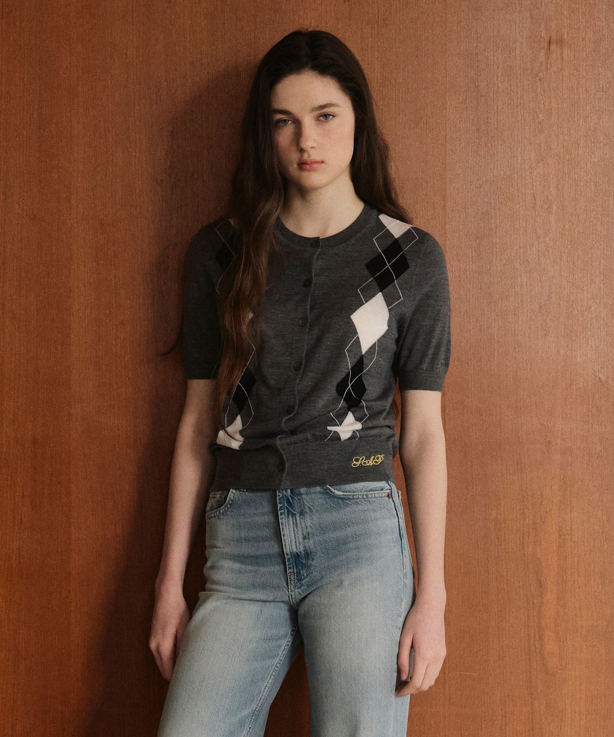 스튜디오앤파르크(STUDIO&PARC) Wool 100% Argyle Short Sleeve Cardigan_Grey