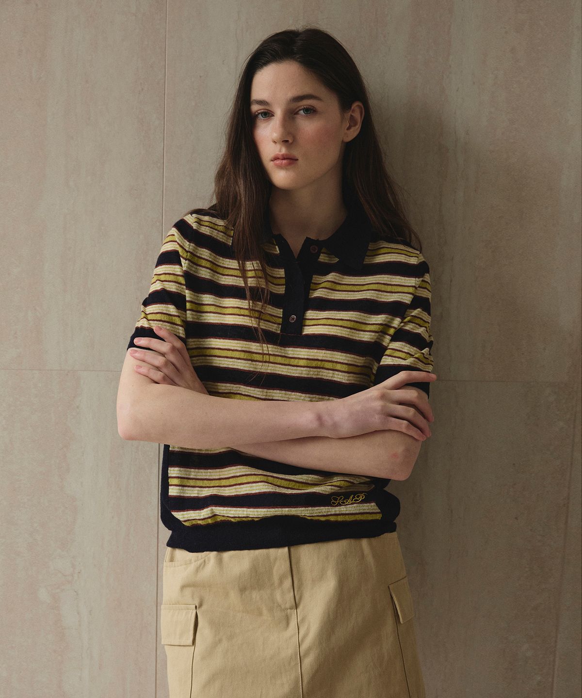 스튜디오앤파르크(STUDIO&PARC) Striped Collar Short Sleeve Knit_Navy