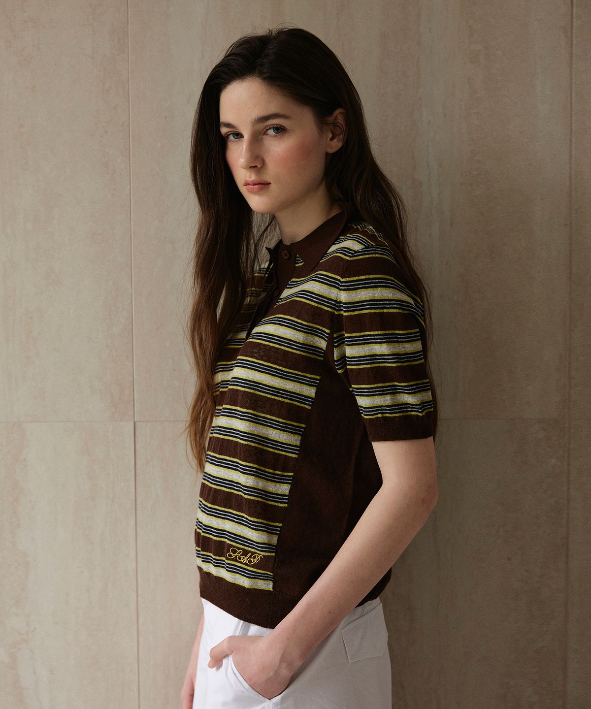 스튜디오앤파르크(STUDIO&PARC) Striped Collar Short Sleeve Knit_Brown