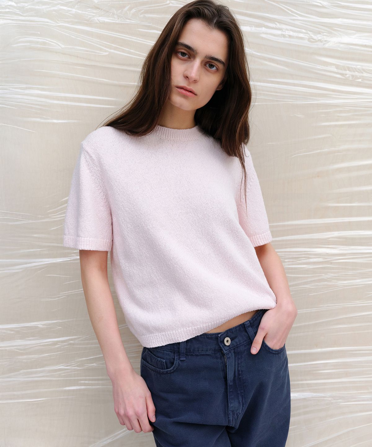 르바(LEVAR) Pebble Boucle Knit Top - Blush Pink