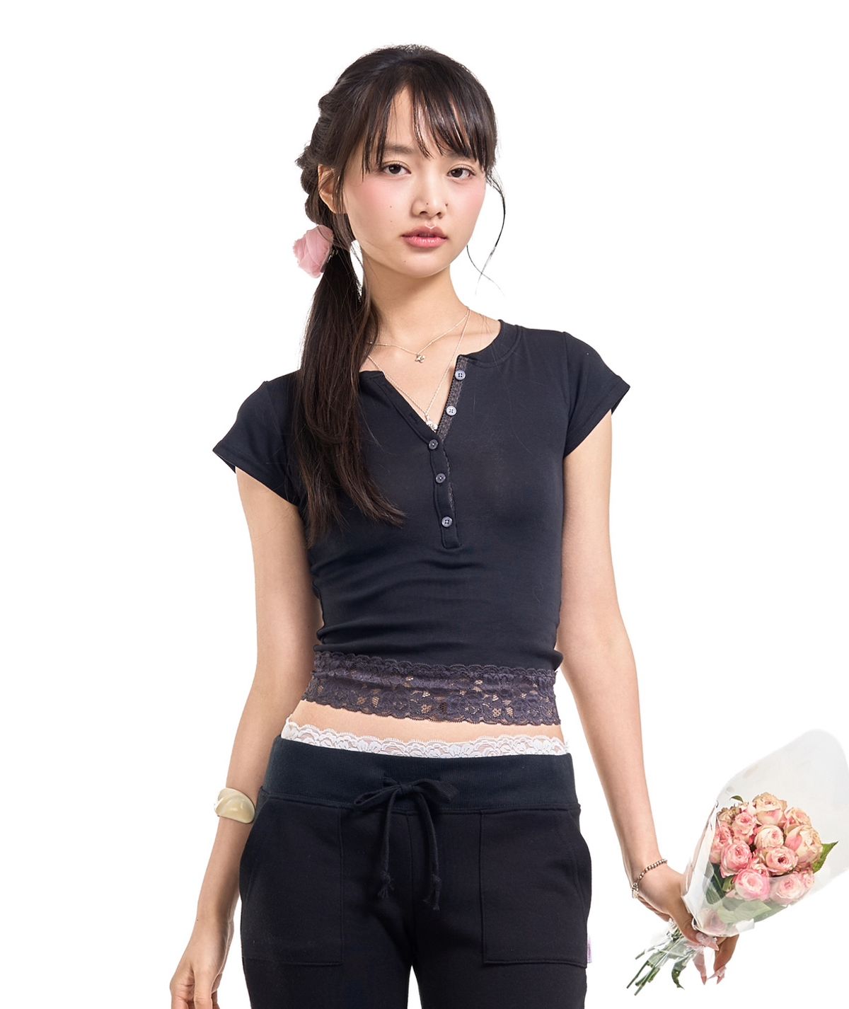 포어링(FORUSRING) Baby powder lace tee (black)