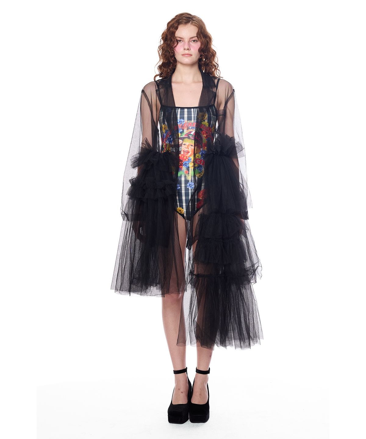 그리디어스(GREEDILOUS) Sheer Ruffle Shawl Dress