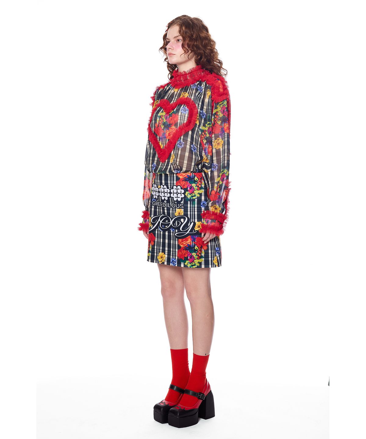 그리디어스(GREEDILOUS) Joy Check Ruffle Heart Lace Shirt