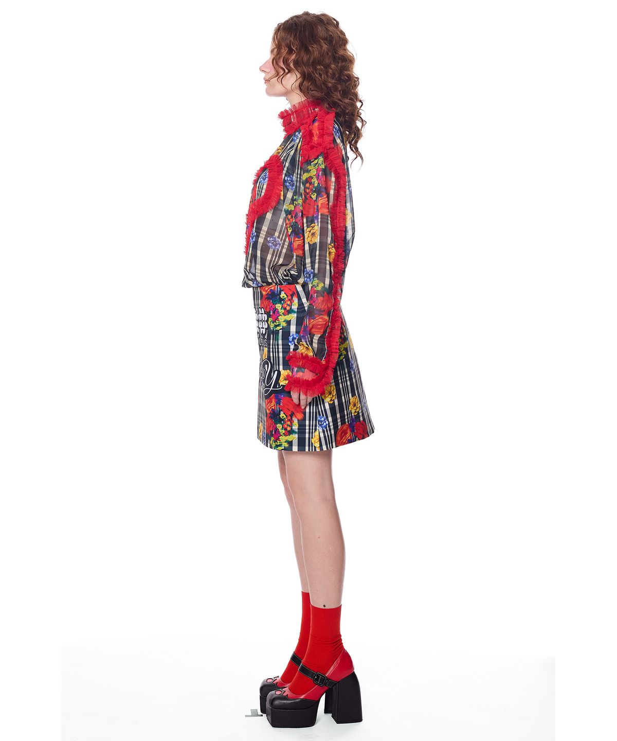 그리디어스(GREEDILOUS) Joy Check Ruffle Heart Lace Shirt