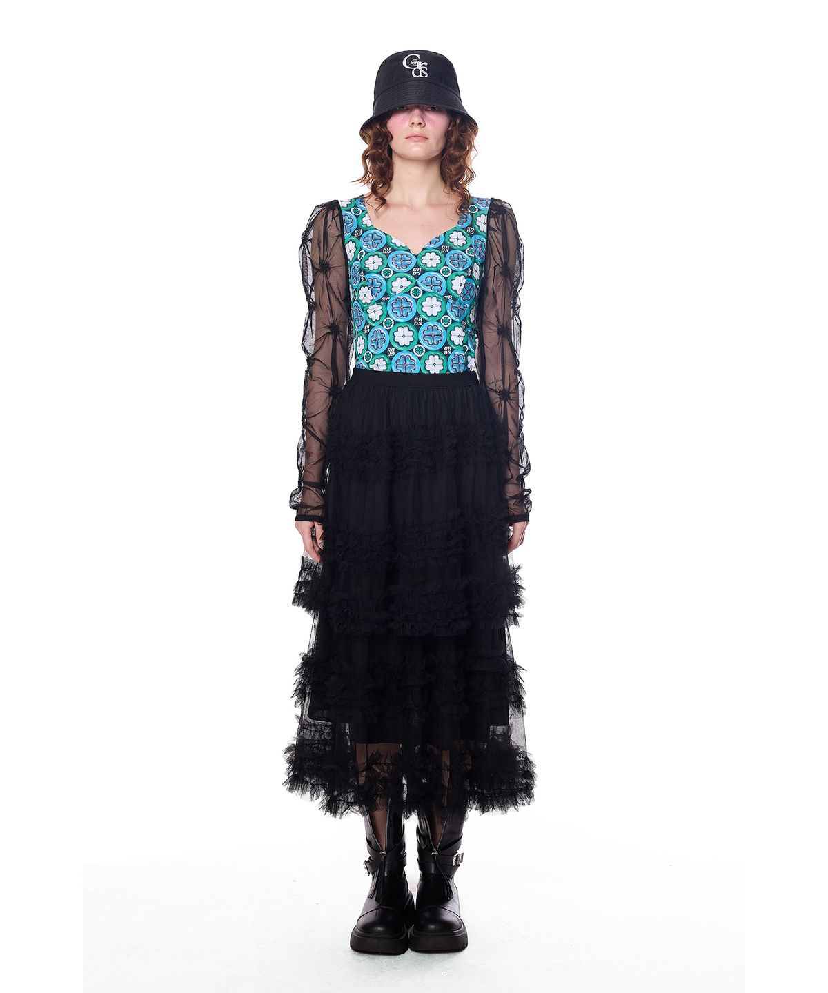 그리디어스(GREEDILOUS) sheer Lace Tiered Ruffle Mid Skirt