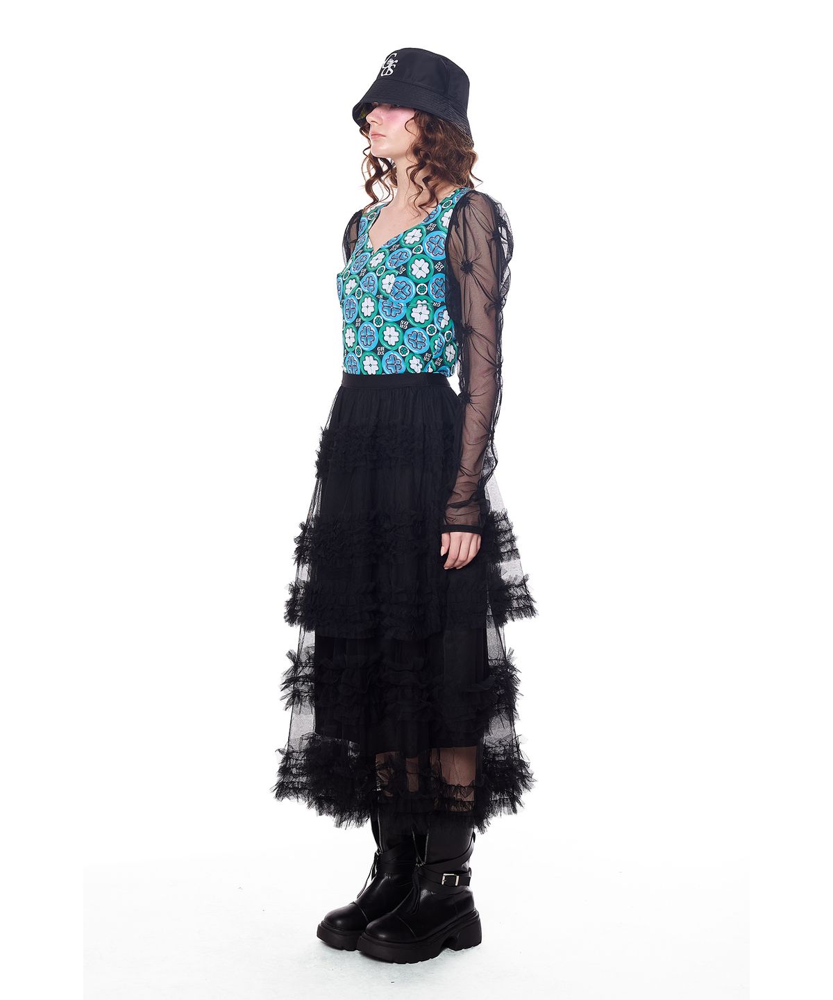 그리디어스(GREEDILOUS) sheer Lace Tiered Ruffle Mid Skirt