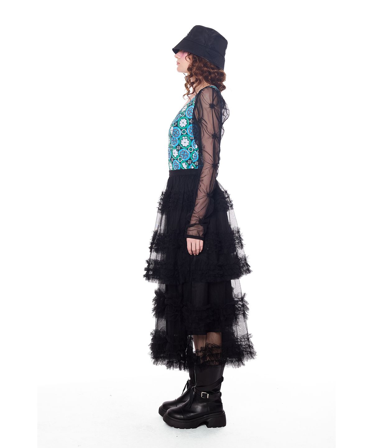 그리디어스(GREEDILOUS) sheer Lace Tiered Ruffle Mid Skirt