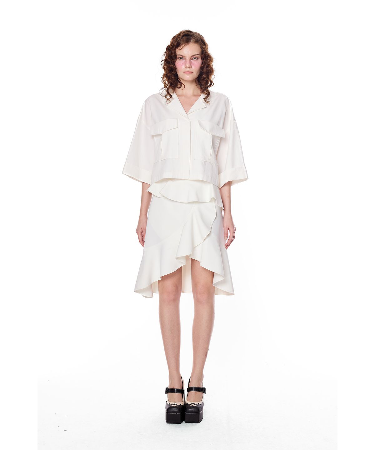 그리디어스(GREEDILOUS) Assymetric Curved Ruffle overlay Skirt
