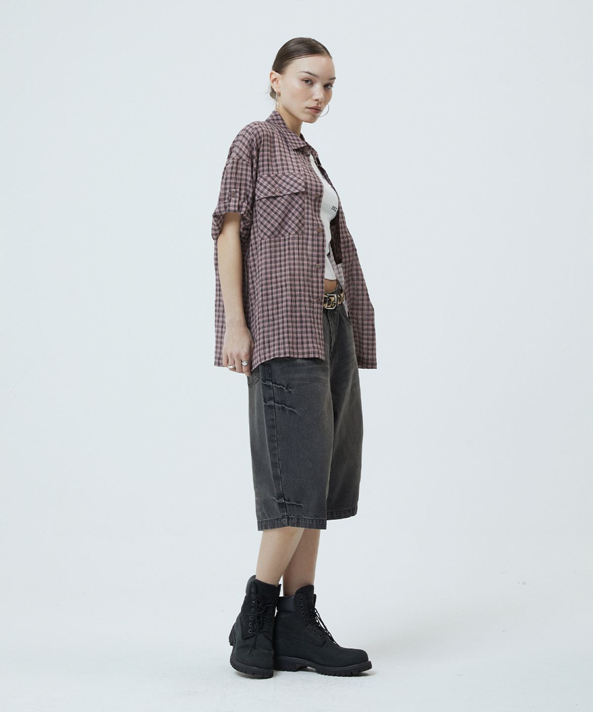 마하그리드(MAHAGRID) ROLL-UP CHECK HALF SHIRT PINK(MG2GMMW360A)