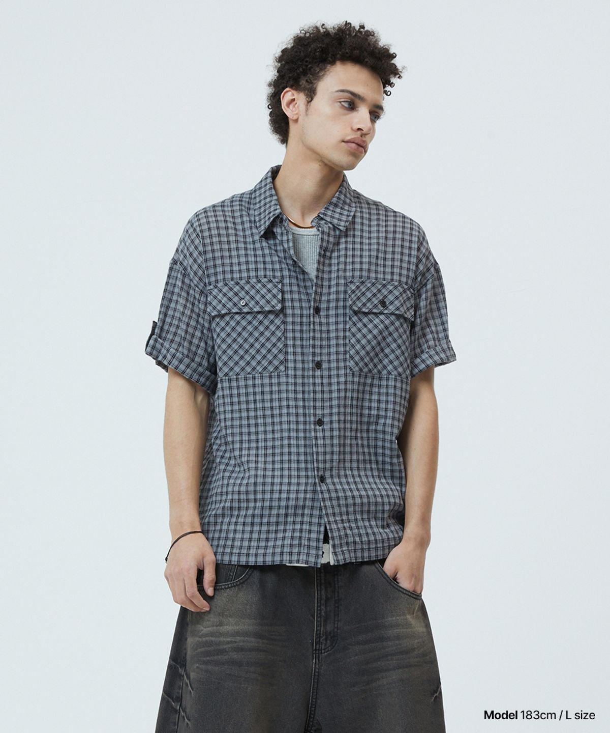마하그리드(MAHAGRID) ROLL-UP CHECK HALF SHIRT CHARCOAL(MG2GMMW360A)