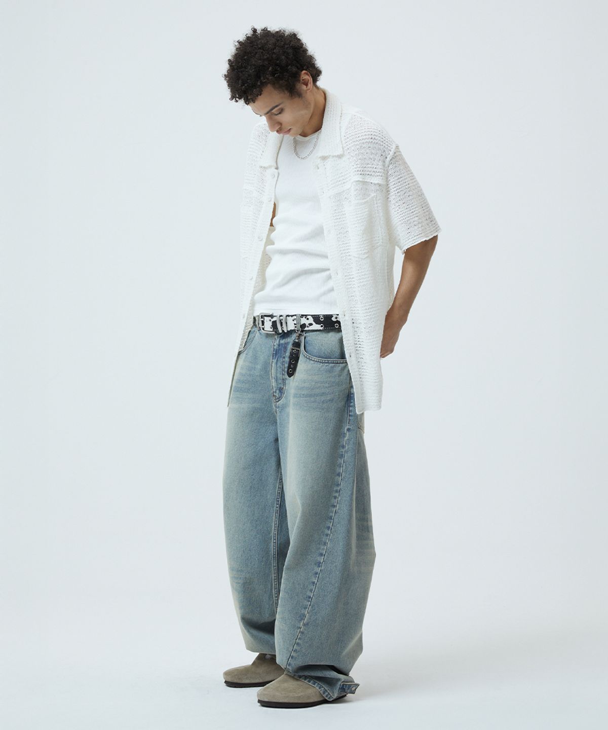 마하그리드(MAHAGRID) RAW CUT KNIT HALF SHIRT IVORY(MG2GMMW342A)