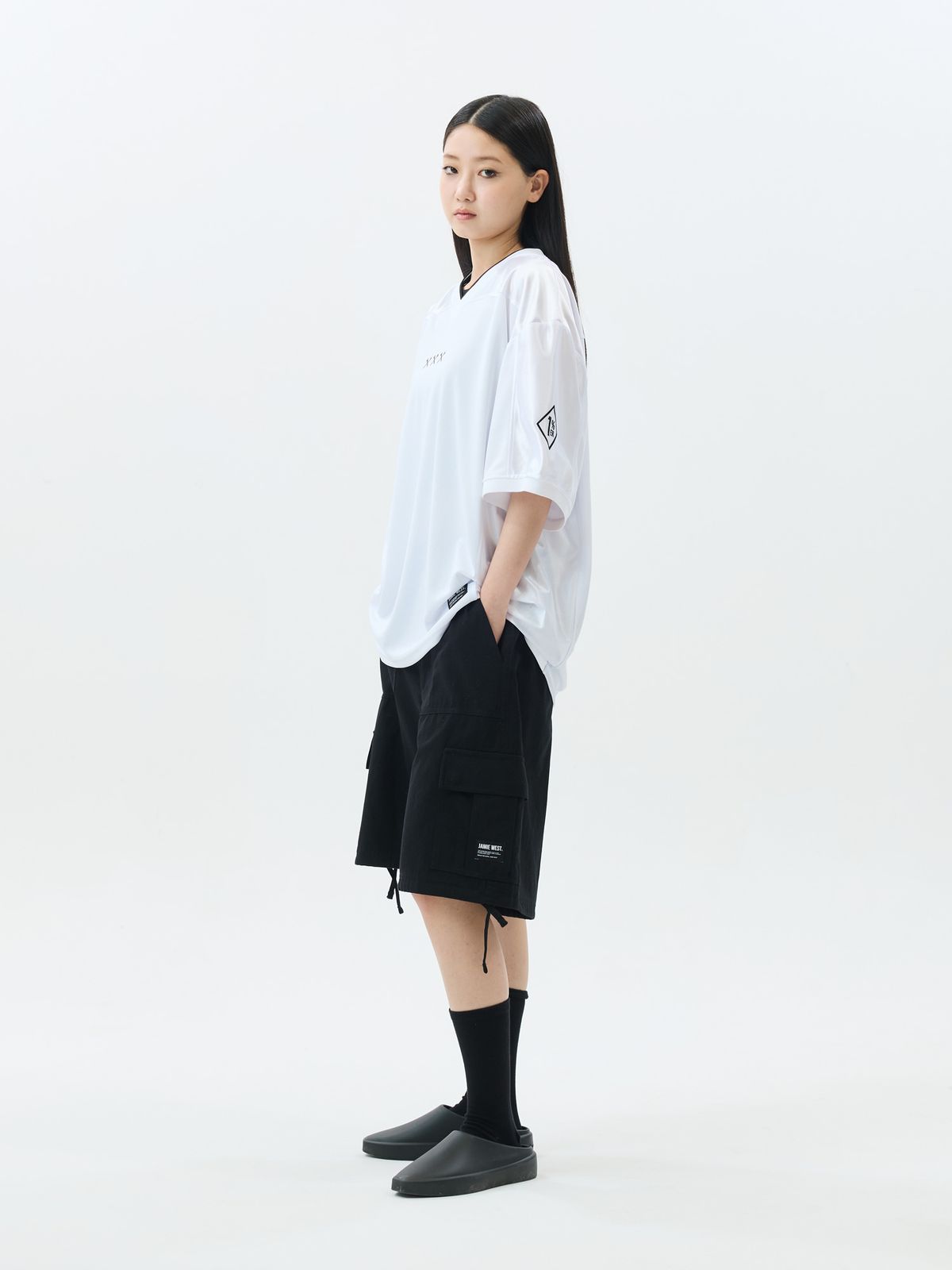 제이미웨스트(JAMIE WEST) JW 브이넥 매쉬 바이커 져지 티셔츠 (화이트)