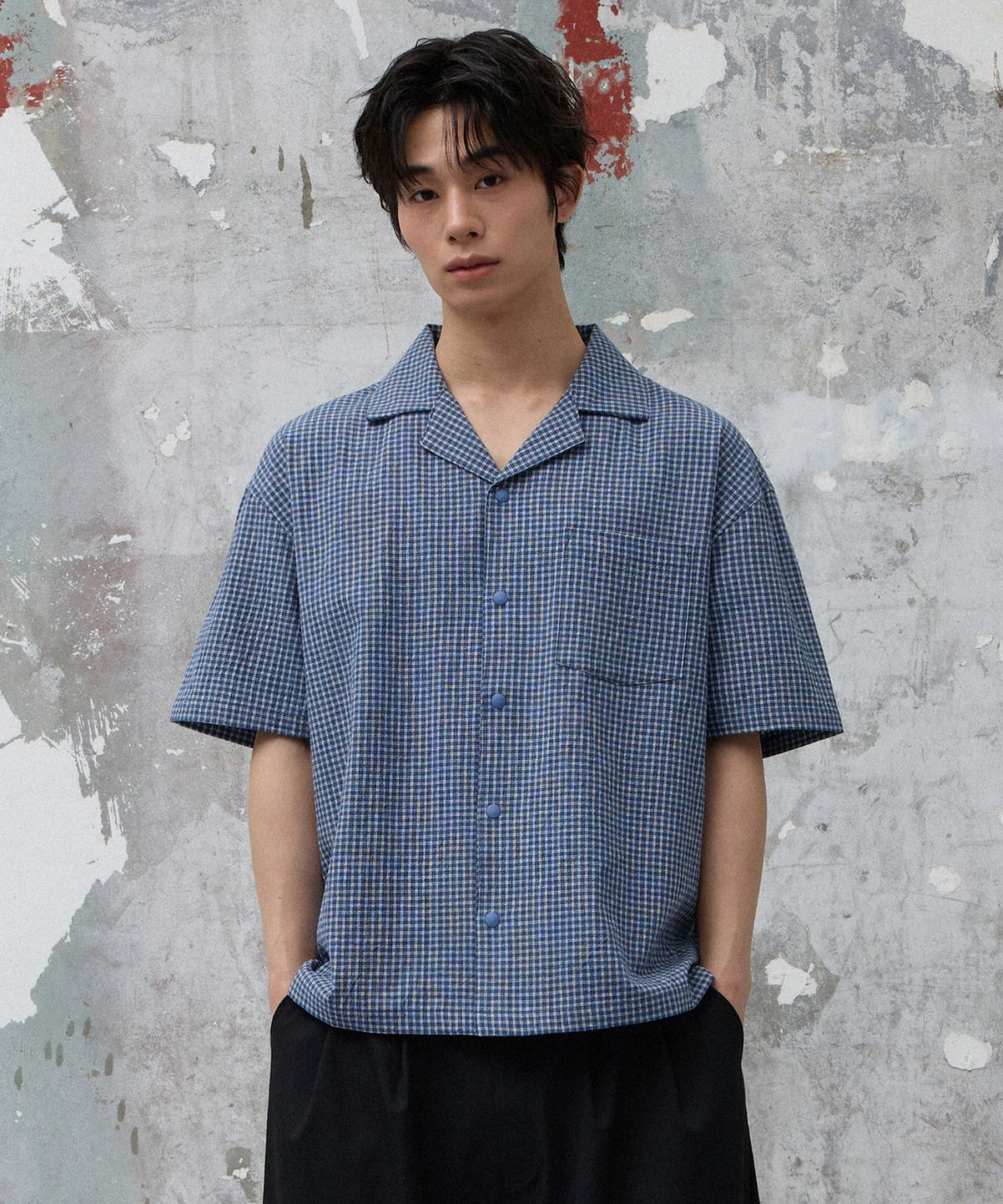 에이지오디(AGOD) 오픈 카라 체크 하프 셔츠 [네이비]