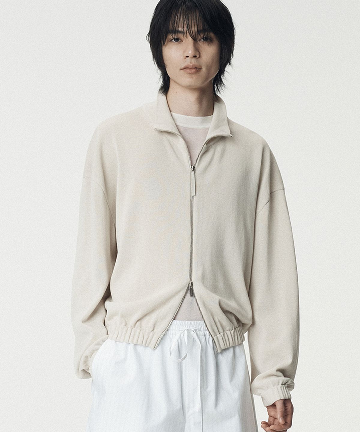 우마뭉(UMARMUNG) Fine cotton high neck zip-up jacket_Porcelain