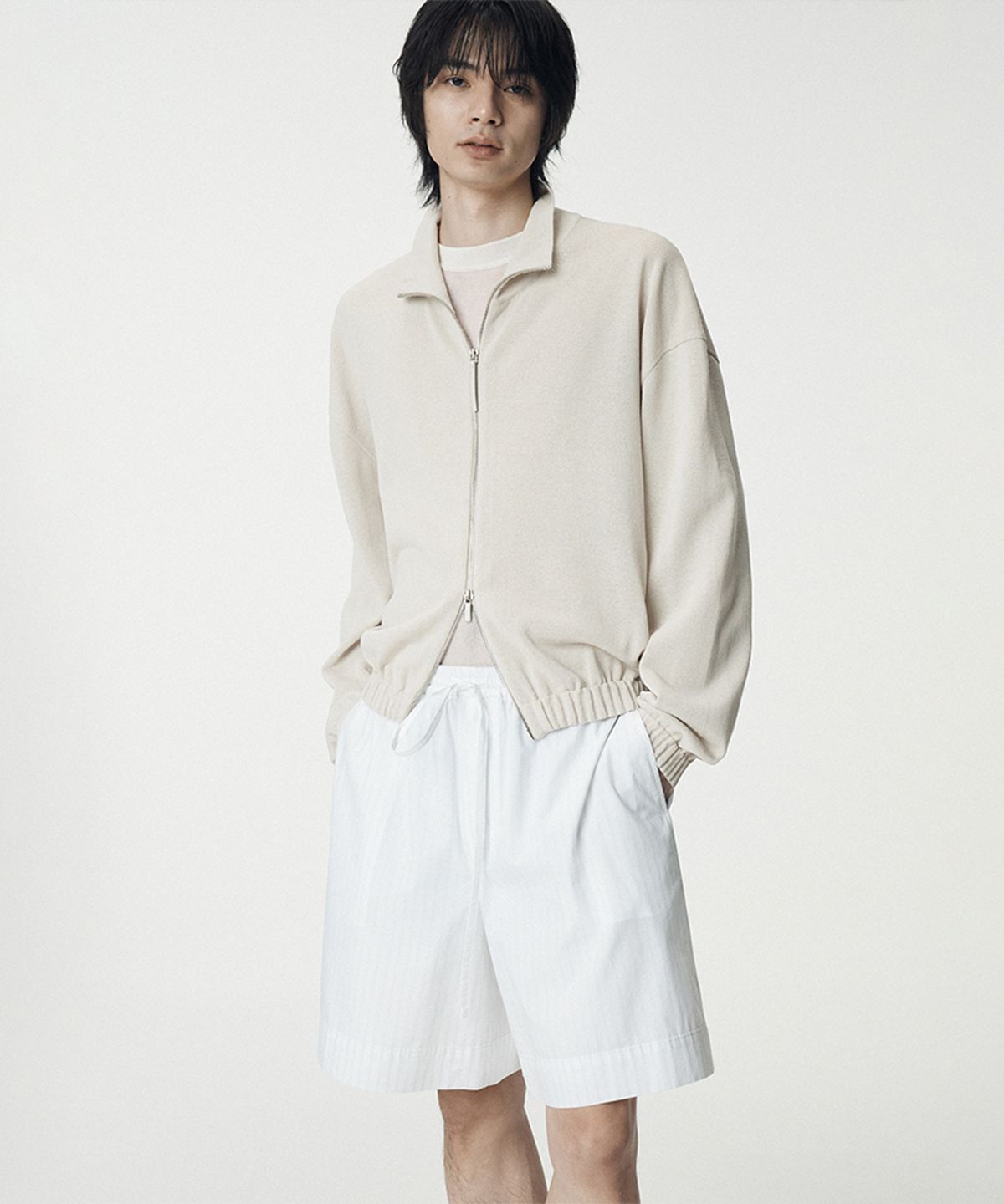 우마뭉(UMARMUNG) Fine cotton high neck zip-up jacket_Porcelain