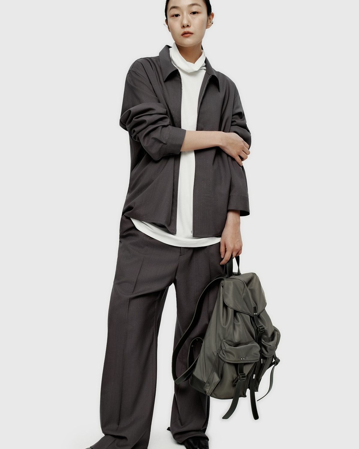 유스(YOUTH) Fine Wool Zipped Shirt - Khaki Grey