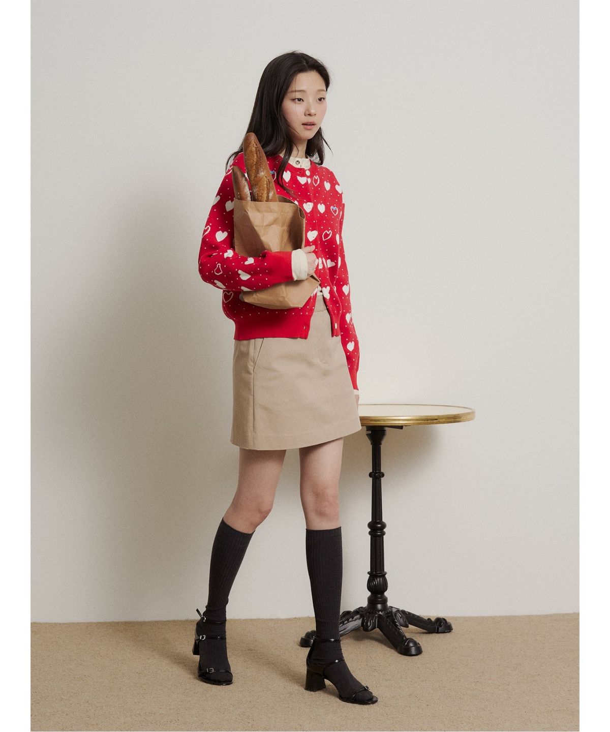 빈폴 레이디스(BEANPOLE LADIES) [B. my] 하트 패턴 긴소매 니트 카디건 - 레드 (BF625AN886)