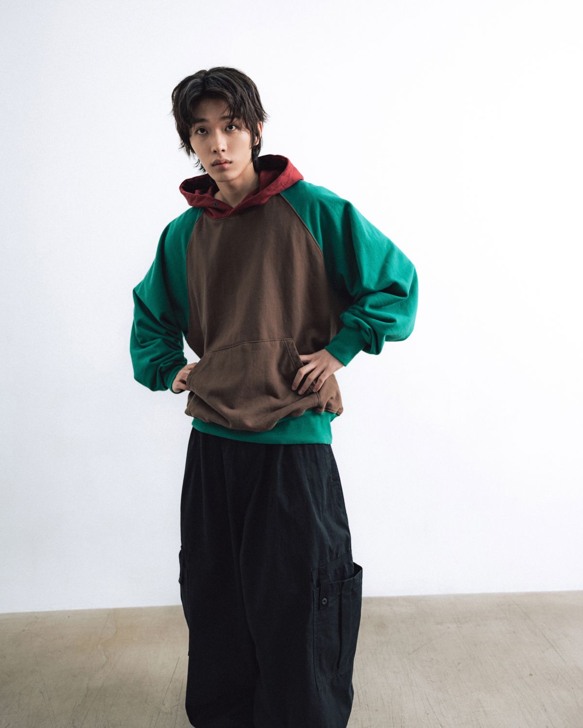앵글런(ANGLAN) Color Block Hoodie - Brown