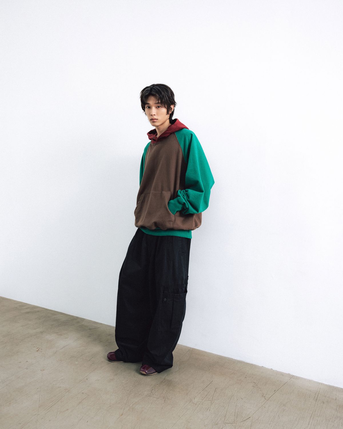 앵글런(ANGLAN) Color Block Hoodie - Brown