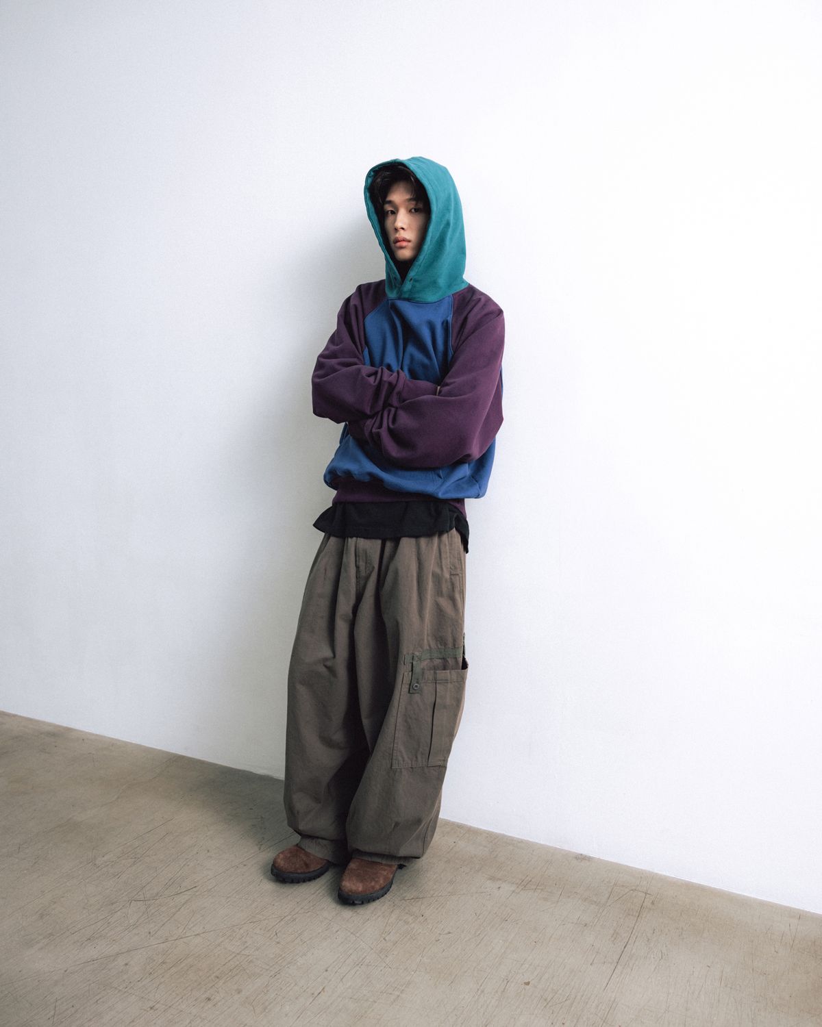 앵글런(ANGLAN) Color Block Hoodie - Blue