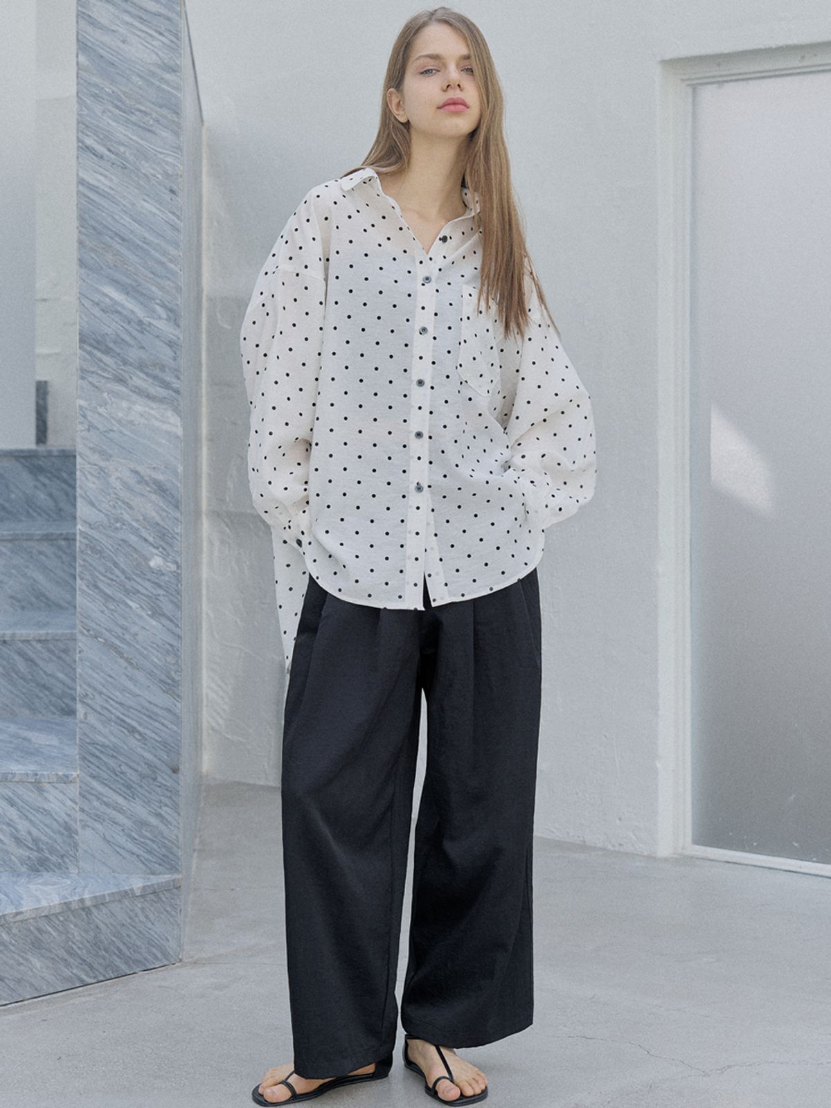 아방(AVANT-G) Dot Linen Overfit Shirt - IVORY