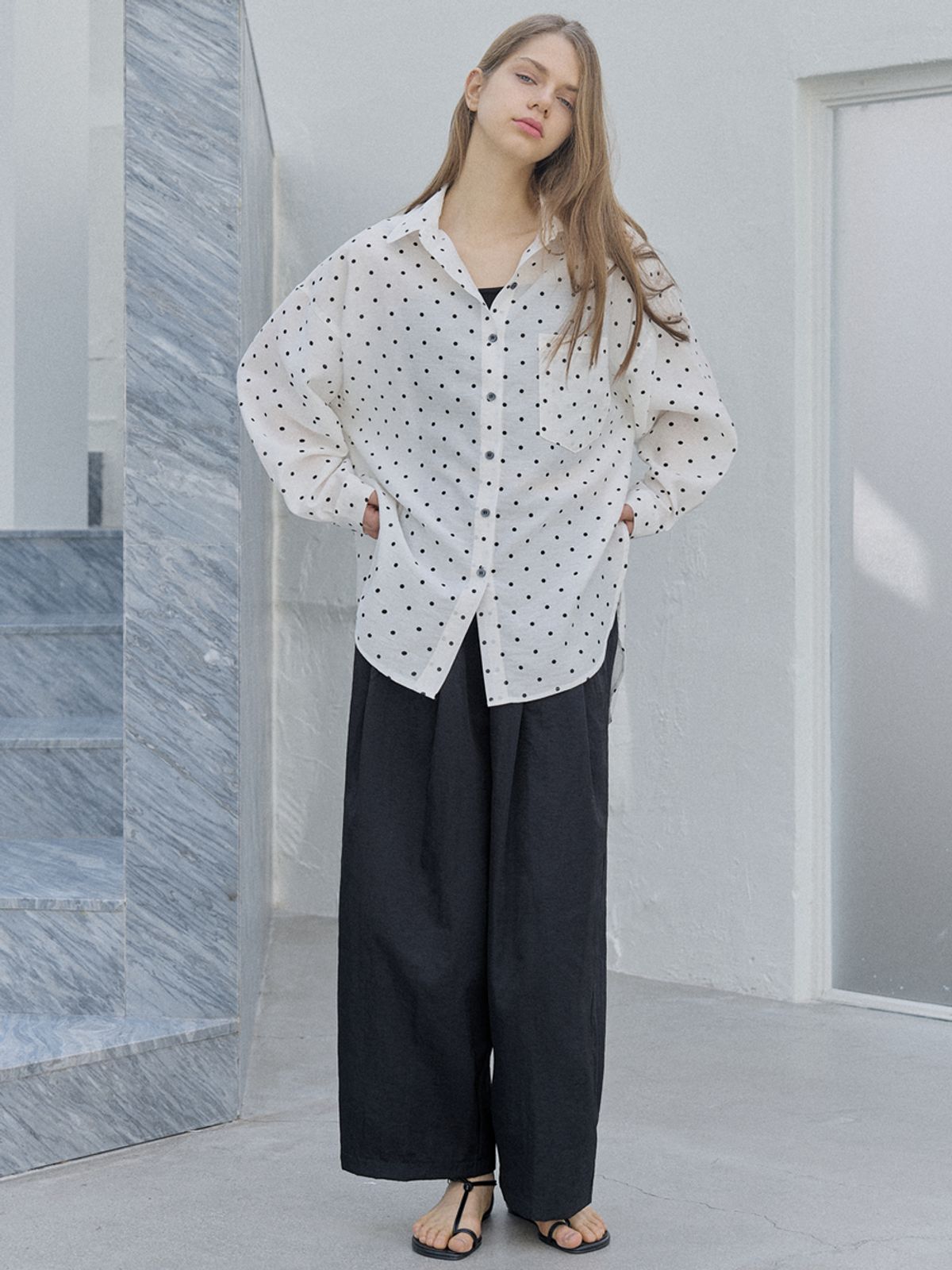 아방(AVANT-G) Dot Linen Overfit Shirt - IVORY