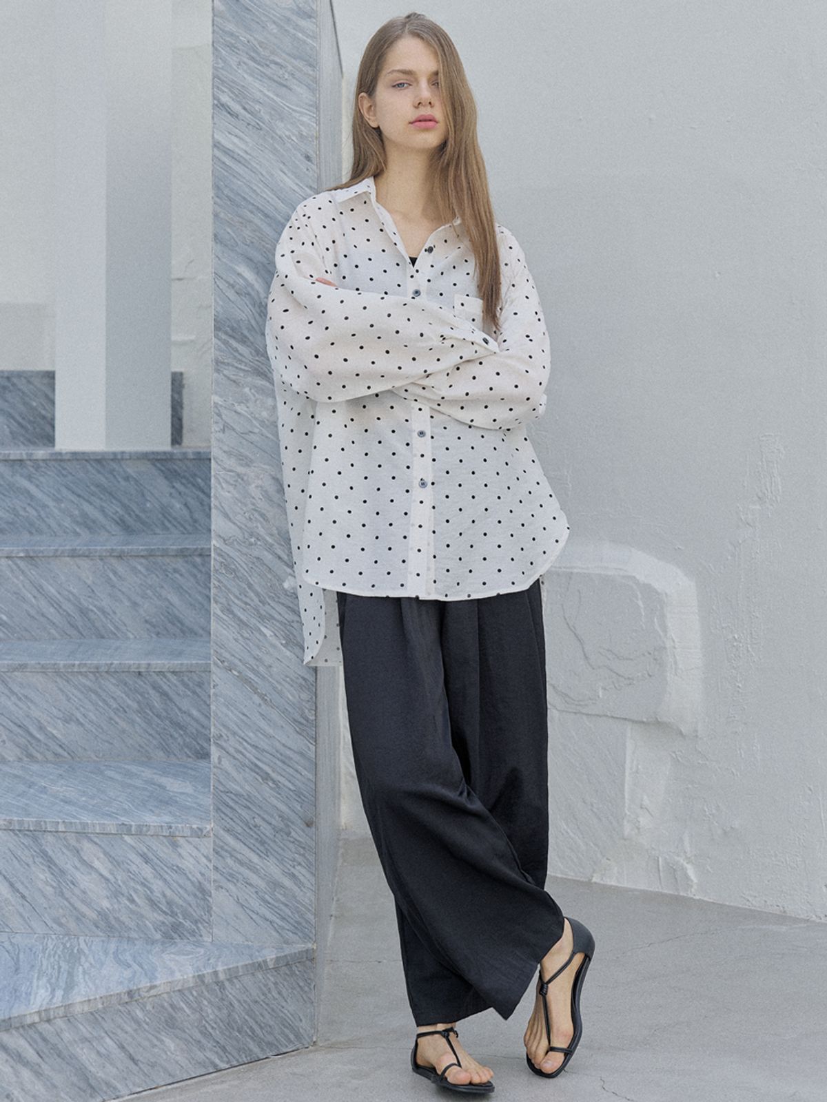 아방(AVANT-G) Dot Linen Overfit Shirt - IVORY