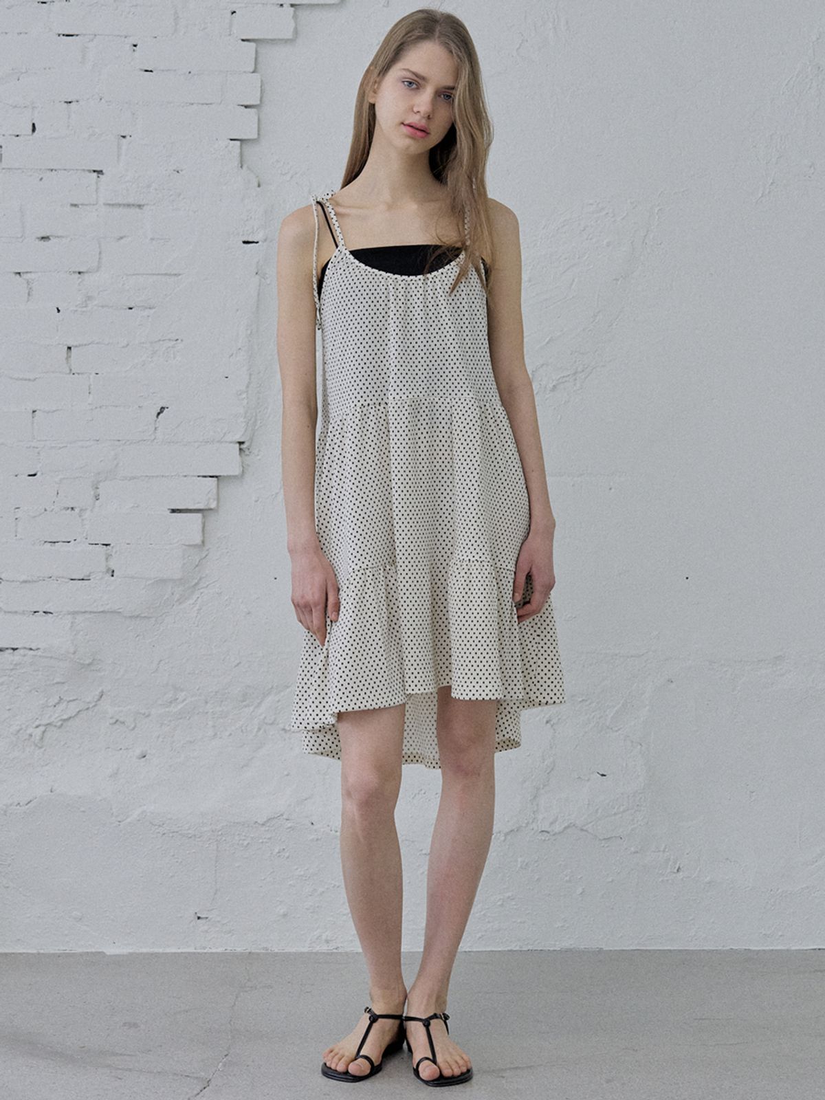 아방(AVANT-G) Dot Ribbon Shirring Mini Dress - IVORY