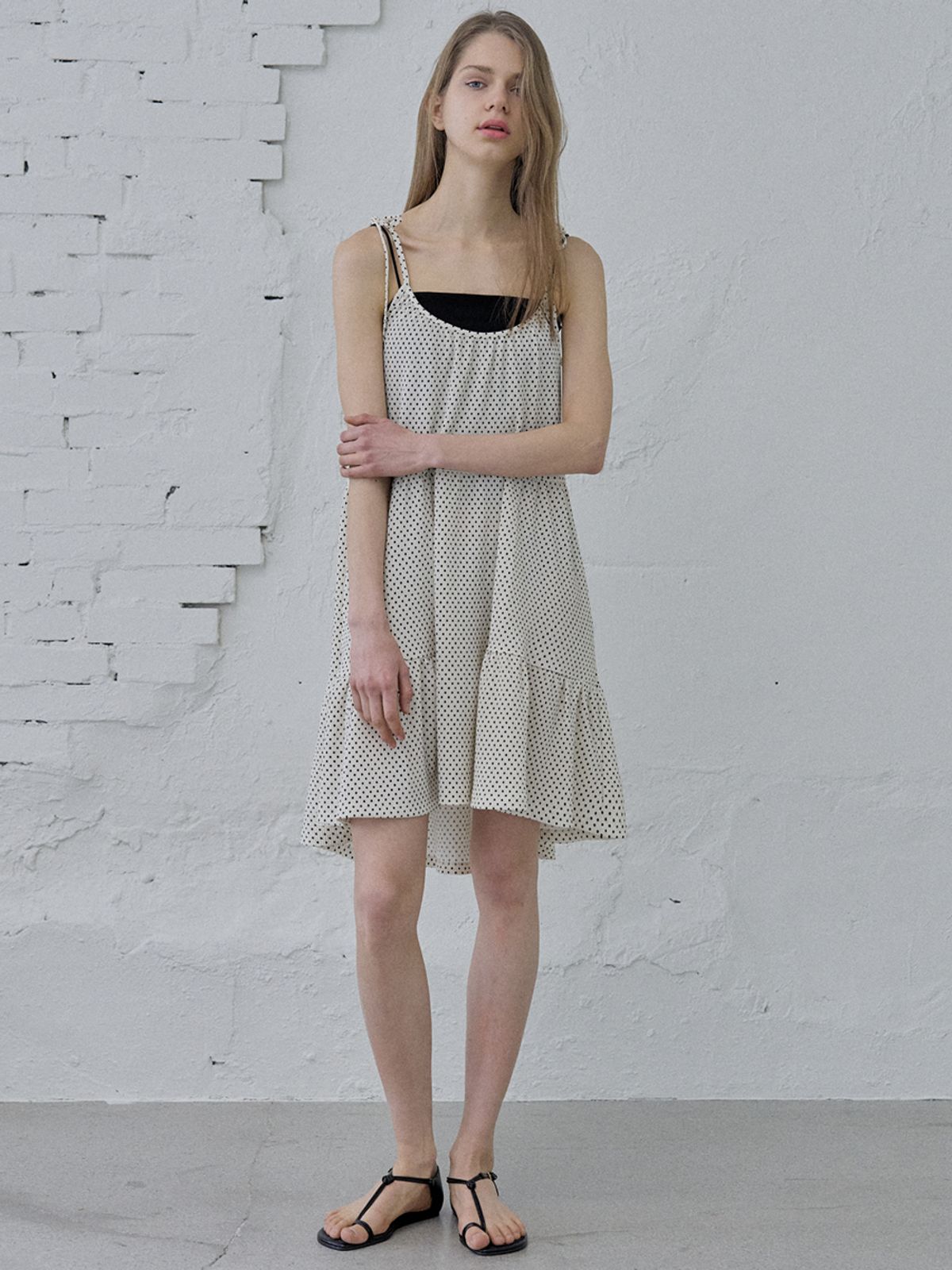 아방(AVANT-G) Dot Ribbon Shirring Mini Dress - IVORY